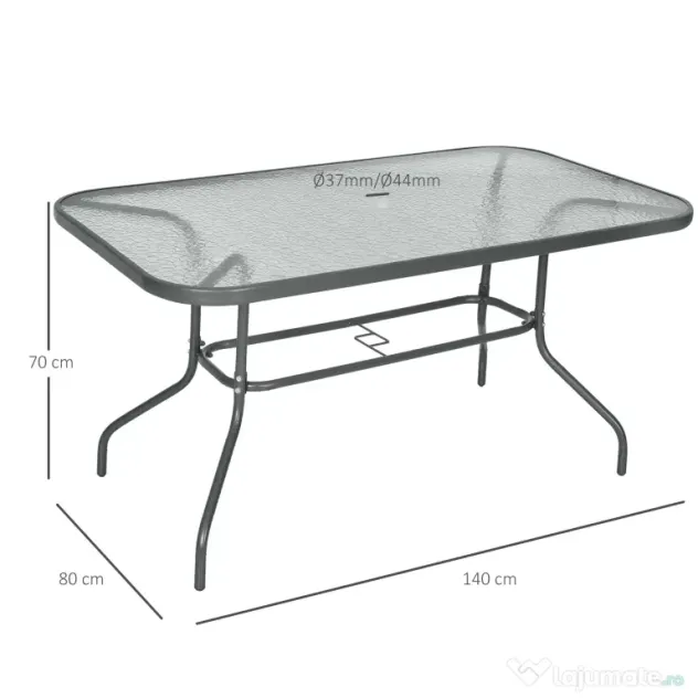 Outsunny Masă de Exterior din Metal și Sticlă Temperată cu Orificiu pentru Umbrelă, Ideală pentru Terasă/Grădină/Verandă, 140x80x70cm | Aosom Romania
