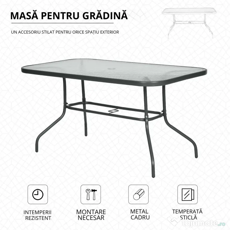 Outsunny Masă de Exterior din Metal și Sticlă Temperată cu Orificiu pentru Umbrelă, Ideală pentru Terasă/Grădină/Verandă, 140x80x70cm | Aosom Romania