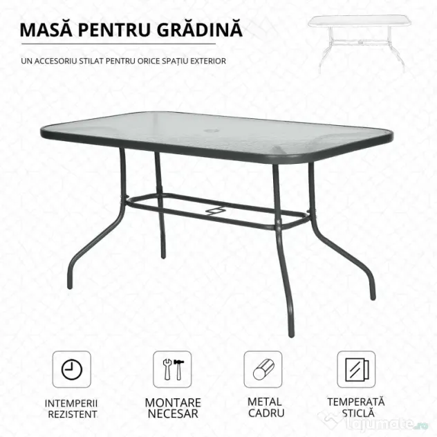 Outsunny Masă de Exterior din Metal și Sticlă Temperată cu Orificiu pentru Umbrelă, Ideală pentru Terasă/Grădină/Verandă, 140x80x70cm | Aosom Romania