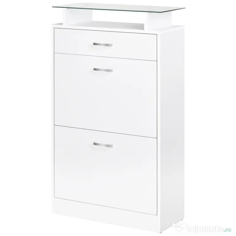 HOMCOM Dulap pentru Pantofi cu 2 Uși pe 2 Niveluri, Sertar și Raft din Sticlă, Dulap pentru Pantofi, 60x24x105,5 cm, Alb | Aosom Romania