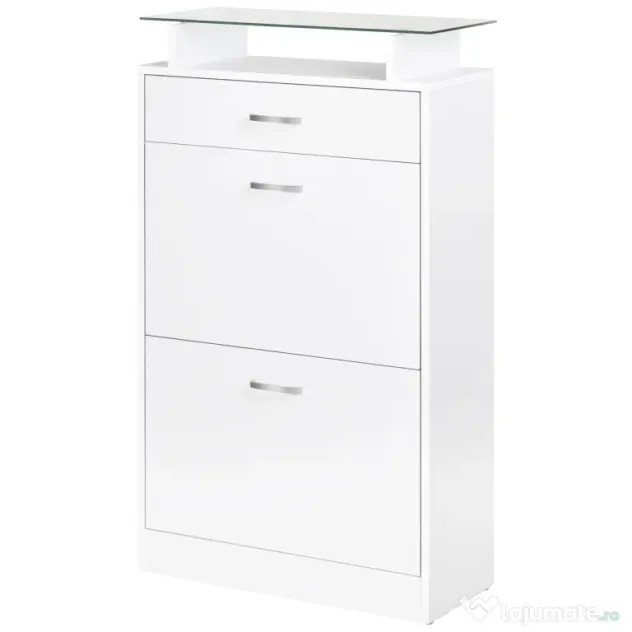 HOMCOM Dulap pentru Pantofi cu 2 Uși pe 2 Niveluri, Sertar și Raft din Sticlă, Dulap pentru Pantofi, 60x24x105,5 cm, Alb | Aosom Romania