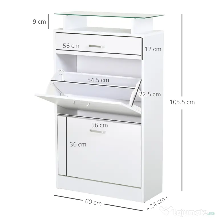 HOMCOM Dulap pentru Pantofi cu 2 Uși pe 2 Niveluri, Sertar și Raft din Sticlă, Dulap pentru Pantofi, 60x24x105,5 cm, Alb | Aosom Romania