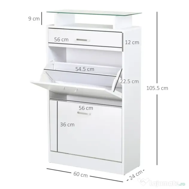 HOMCOM Dulap pentru Pantofi cu 2 Uși pe 2 Niveluri, Sertar și Raft din Sticlă, Dulap pentru Pantofi, 60x24x105,5 cm, Alb | Aosom Romania