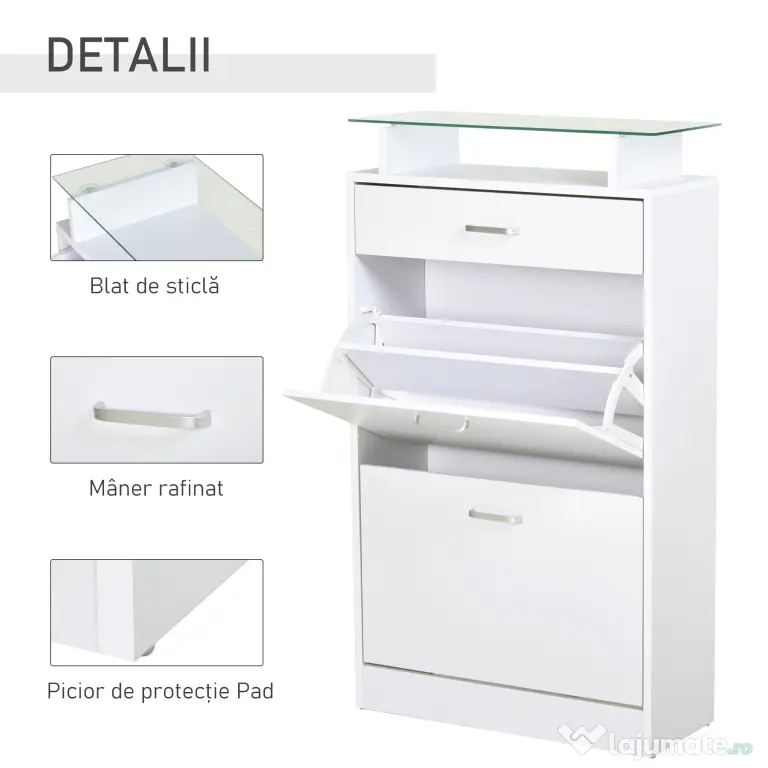 HOMCOM Dulap pentru Pantofi cu 2 Uși pe 2 Niveluri, Sertar și Raft din Sticlă, Dulap pentru Pantofi, 60x24x105,5 cm, Alb | Aosom Romania