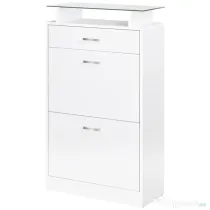 HOMCOM Dulap pentru Pantofi cu 2 Uși pe 2 Niveluri, Sertar și Raft din Sticlă, Dulap pentru Pantofi, 60x24x105,5 cm, Alb