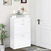 HOMCOM Dulap pentru Pantofi cu 2 Uși pe 2 Niveluri, Sertar și Raft din Sticlă, Dulap pentru Pantofi, 60x24x105,5 cm, Alb