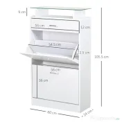 HOMCOM Dulap pentru Pantofi cu 2 Uși pe 2 Niveluri, Sertar și Raft din Sticlă, Dulap pentru Pantofi, 60x24x105,5 cm, Alb