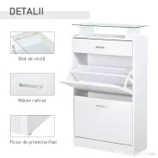 HOMCOM Dulap pentru Pantofi cu 2 Uși pe 2 Niveluri, Sertar și Raft din Sticlă, Dulap pentru Pantofi, 60x24x105,5 cm, Alb