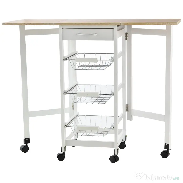 HOMCOM Cărucior de Bucătărie Extensibil Alb, 3 Sertare, MDF/Metal, Soluție Organizare Bucătărie, 37x37x77.5 cm | Aosom Romania
