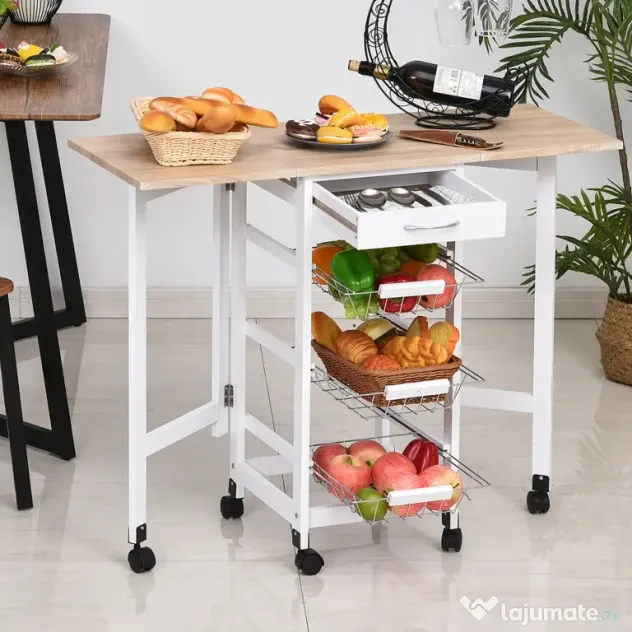 HOMCOM Cărucior de Bucătărie Extensibil Alb, 3 Sertare, MDF/Metal, Soluție Organizare Bucătărie, 37x37x77.5 cm | Aosom Romania