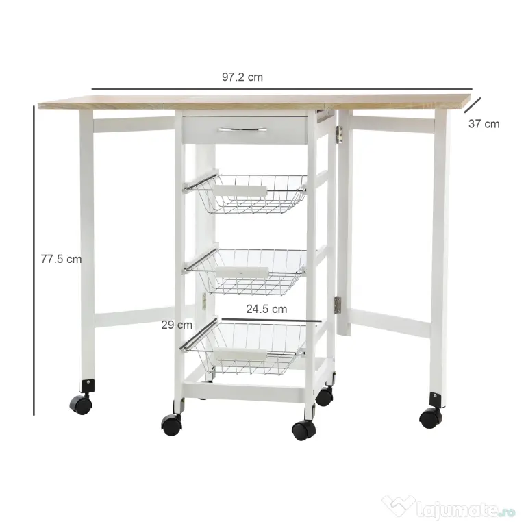 HOMCOM Cărucior de Bucătărie Extensibil Alb, 3 Sertare, MDF/Metal, Soluție Organizare Bucătărie, 37x37x77.5 cm | Aosom Romania