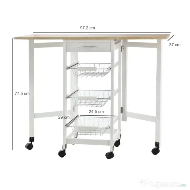 HOMCOM Cărucior de Bucătărie Extensibil Alb, 3 Sertare, MDF/Metal, Soluție Organizare Bucătărie, 37x37x77.5 cm | Aosom Romania
