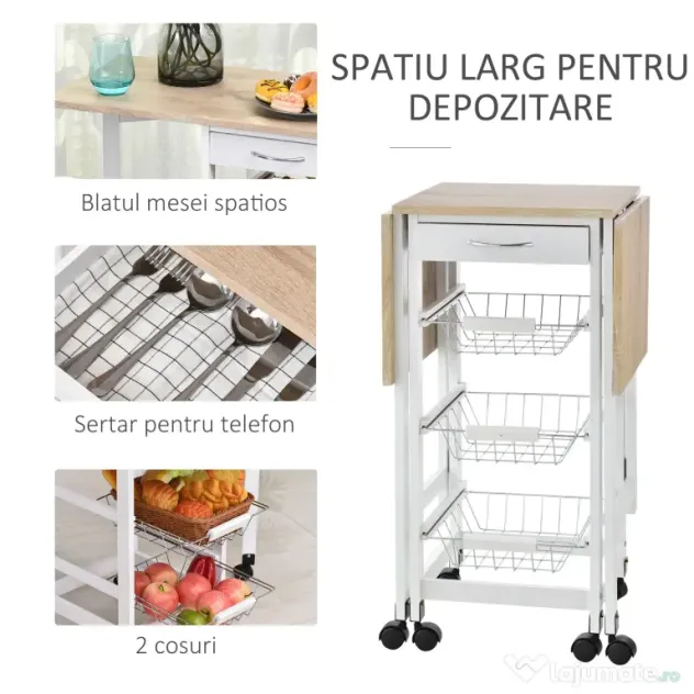 HOMCOM Cărucior de Bucătărie Extensibil Alb, 3 Sertare, MDF/Metal, Soluție Organizare Bucătărie, 37x37x77.5 cm | Aosom Romania