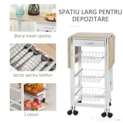 HOMCOM Carucior de Bucatarie Extensibil cu 3 sertare, MDF/Metal, 37x37x77.5 cm, Alb