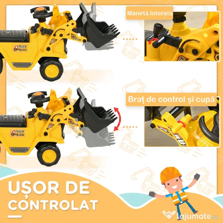 HOMCOM Excavator pentru Copii cu Cupă, Spătar și Spațiu de Depozitare Ascuns, Buldozer de Jucărie în PP și ABS, 80x26.5x39 cm, Galben și Negru | Aosom Romania