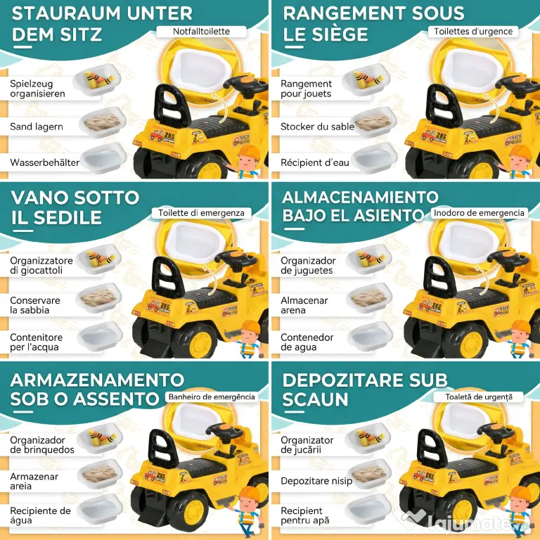 HOMCOM Excavator pentru Copii cu Cupă, Spătar și Spațiu de Depozitare Ascuns, Buldozer de Jucărie în PP și ABS, 80x26.5x39 cm, Galben și Negru | Aosom Romania
