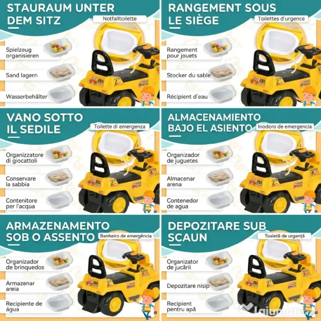 HOMCOM Excavator pentru Copii cu Cupă, Spătar și Spațiu de Depozitare Ascuns, Buldozer de Jucărie în PP și ABS, 80x26.5x39 cm, Galben și Negru | Aosom Romania