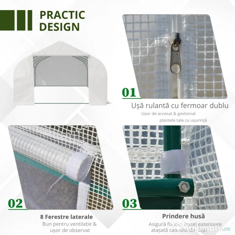 Outsunny Sera de Grădină Spațioasă, cu 8 Ferestre și Ușă Enrolabilă, Include Țăruși și Frânghii, 6x3x2m, Oțel și PP, Verde | Aosom Romania