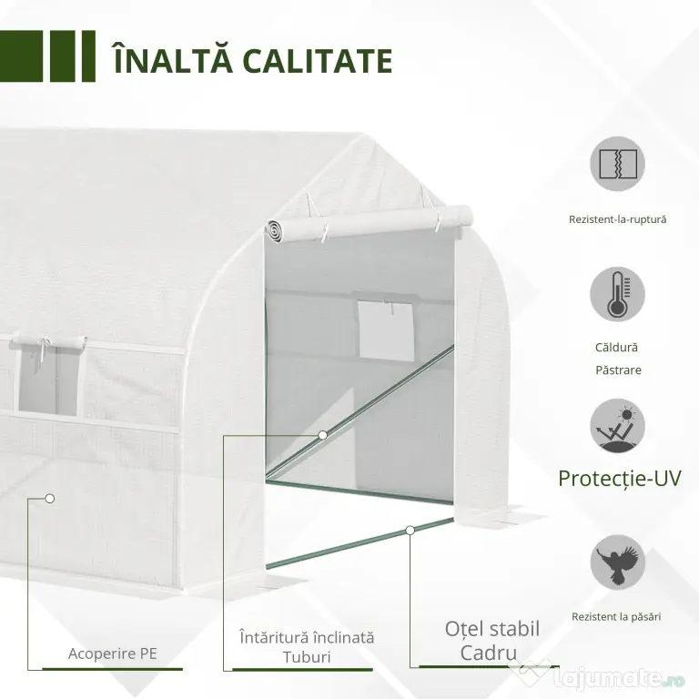 Outsunny Sera de Grădină Spațioasă, cu 8 Ferestre și Ușă Enrolabilă, Include Țăruși și Frânghii, 6x3x2m, Oțel și PP, Verde | Aosom Romania
