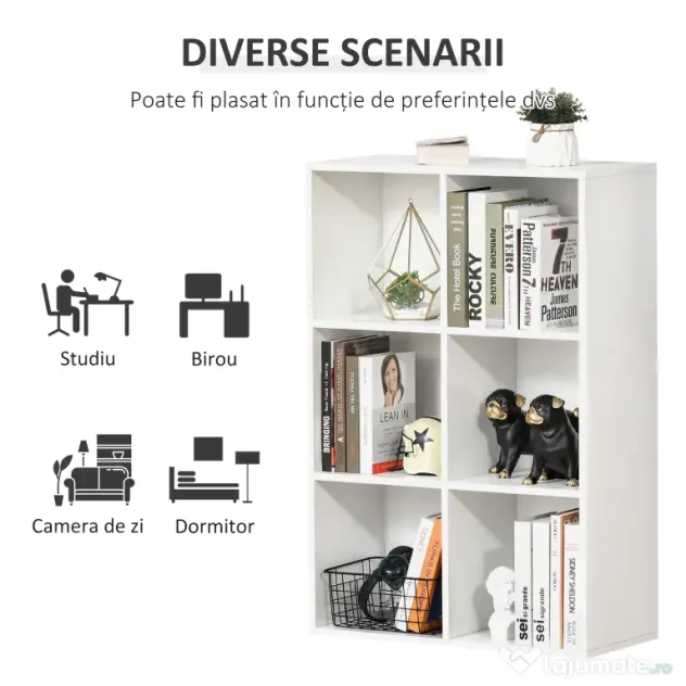 HOMCOM Bibliotecă Modernă cu 6 Cuburi în Lemn, 65.5x30x97.5 cm, Alb