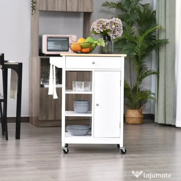 HOMCOM Cărucior de Bucătărie Alb, Design din Lemn, Dulap pentru Bucătărie, Spațiu de Depozitare Eficient | Aosom Romania