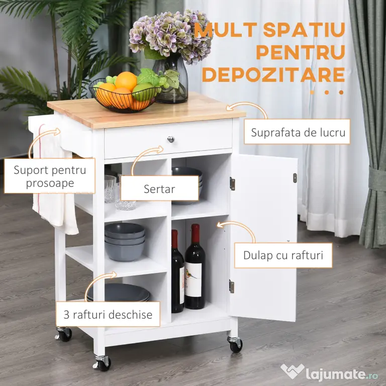 HOMCOM Cărucior de Bucătărie Alb, Design din Lemn, Dulap pentru Bucătărie, Spațiu de Depozitare Eficient | Aosom Romania