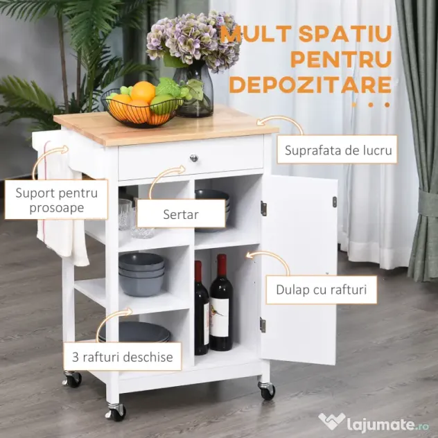 HOMCOM Cărucior de Bucătărie Alb, Design din Lemn, Dulap pentru Bucătărie, Spațiu de Depozitare Eficient | Aosom Romania