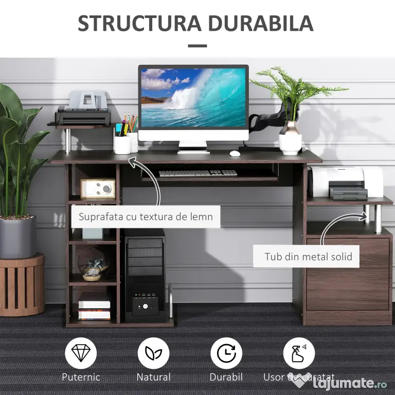 HOMCOM Birou din Lemn cu Design Simplu și Elegant pentru Calculator, Dimensiuni 152x60x80cm, Culoare Maro | Aosom Romania