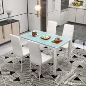 Homcom Set Dining Alb Modern – Masa + 4 Scaune Tapitate pentru 4 Persoane
