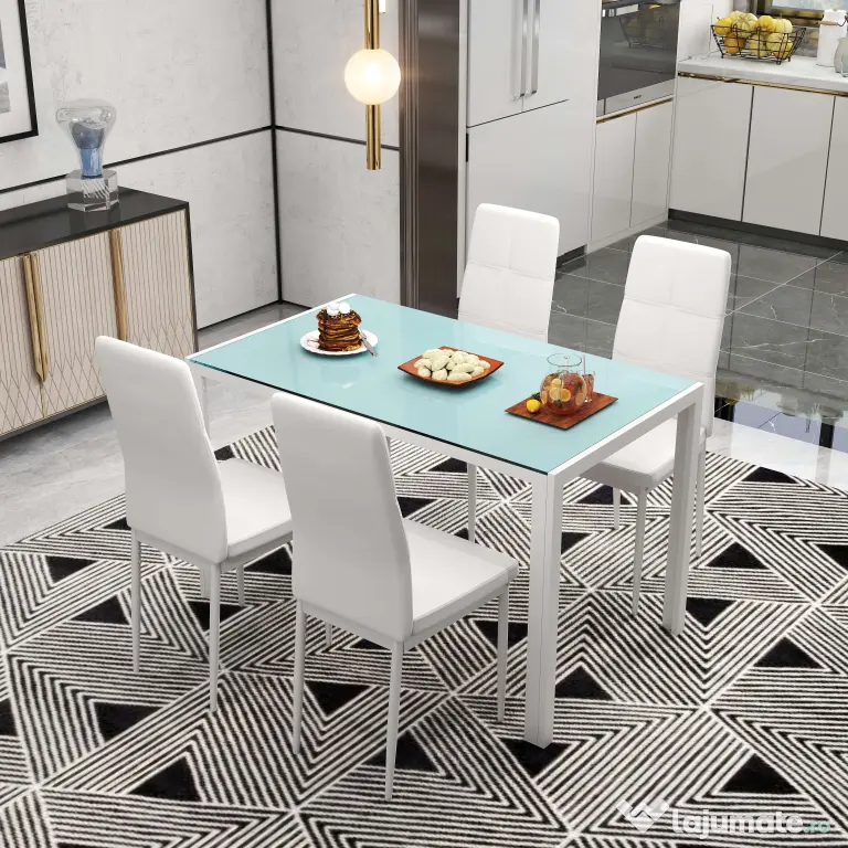 HOMCOM Set Masa pentru 4 Persoane cu 4 Scaune Tapițate, Design Modern și Elegant, Ideal pentru Dining, Alb | Aosom Romania