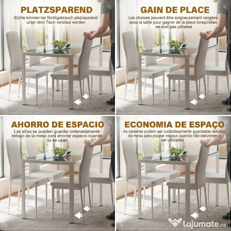 HOMCOM Set Masa pentru 4 Persoane cu 4 Scaune Tapițate, Design Modern și Elegant, Ideal pentru Dining, Alb | Aosom Romania