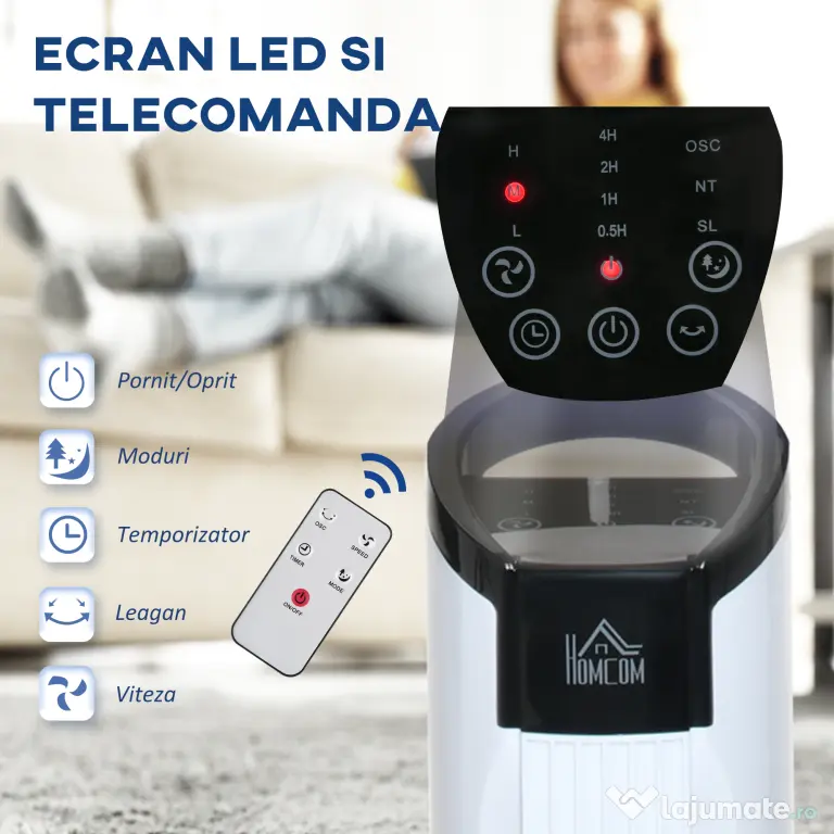 HOMCOM Ventilator tip Coloana Turn cu Telecomanda si Oscilatie, 3 Functii 3 Viteze, Timer 7.5 Ore, Ф20x78.5cm | Aosom Romania