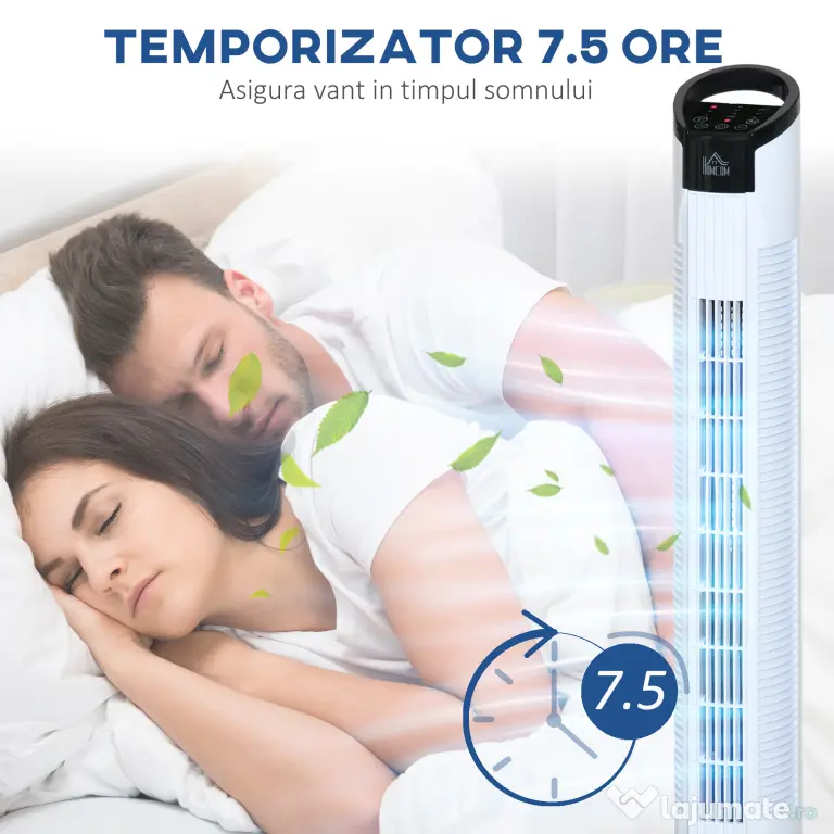 HOMCOM Ventilator tip Coloana Turn cu Telecomanda si Oscilatie, 3 Functii 3 Viteze, Timer 7.5 Ore, Ф20x78.5cm | Aosom Romania
