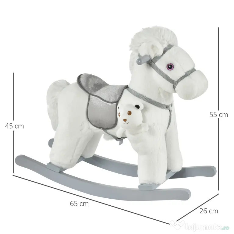 HOMCOM Căluț Balansoar din Pluș și Lemn cu Sunete, Ursuleț de Pluș Inclus pentru Copii 18-36 Luni, Alb, 65x26x55 cm | Aosom Romania