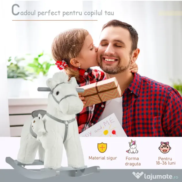 HOMCOM Căluț Balansoar din Pluș și Lemn cu Sunete, Ursuleț de Pluș Inclus pentru Copii 18-36 Luni, Alb, 65x26x55 cm | Aosom Romania