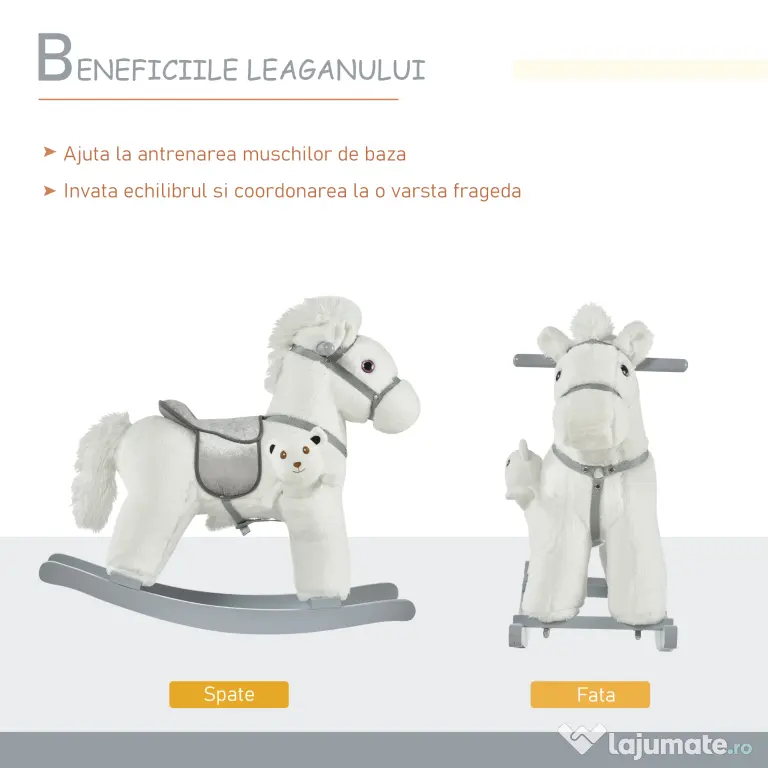 HOMCOM Căluț Balansoar din Pluș și Lemn cu Sunete, Ursuleț de Pluș Inclus pentru Copii 18-36 Luni, Alb, 65x26x55 cm | Aosom Romania