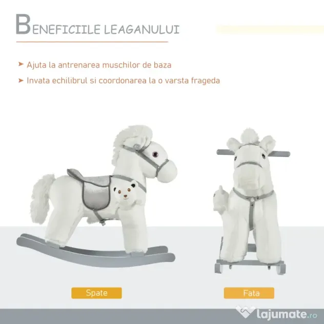 HOMCOM Căluț Balansoar din Pluș și Lemn cu Sunete, Ursuleț de Pluș Inclus pentru Copii 18-36 Luni, Alb, 65x26x55 cm | Aosom Romania