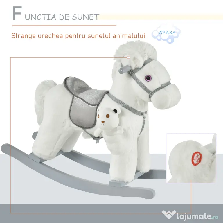 HOMCOM Căluț Balansoar din Pluș și Lemn cu Sunete, Ursuleț de Pluș Inclus pentru Copii 18-36 Luni, Alb, 65x26x55 cm | Aosom Romania