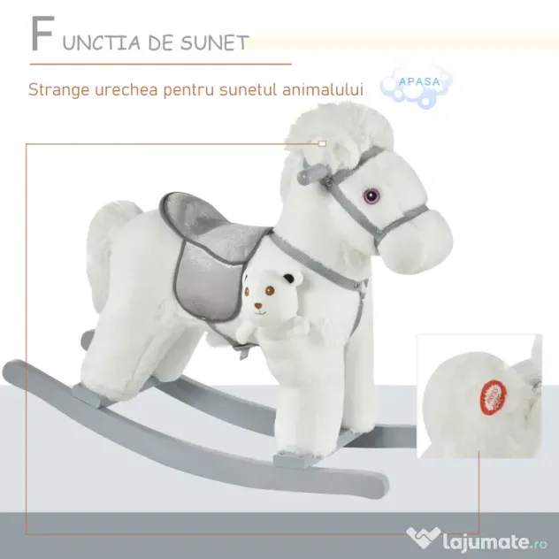 HOMCOM Căluț Balansoar din Pluș și Lemn cu Sunete, Ursuleț de Pluș Inclus pentru Copii 18-36 Luni, Alb, 65x26x55 cm | Aosom Romania