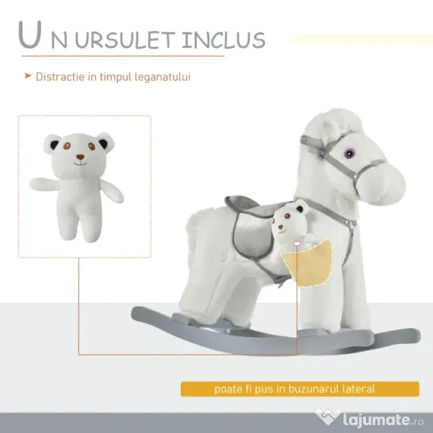 HOMCOM Căluț Balansoar din Pluș și Lemn cu Sunete, Ursuleț de Pluș Inclus pentru Copii 18-36 Luni, Alb, 65x26x55 cm | Aosom Romania