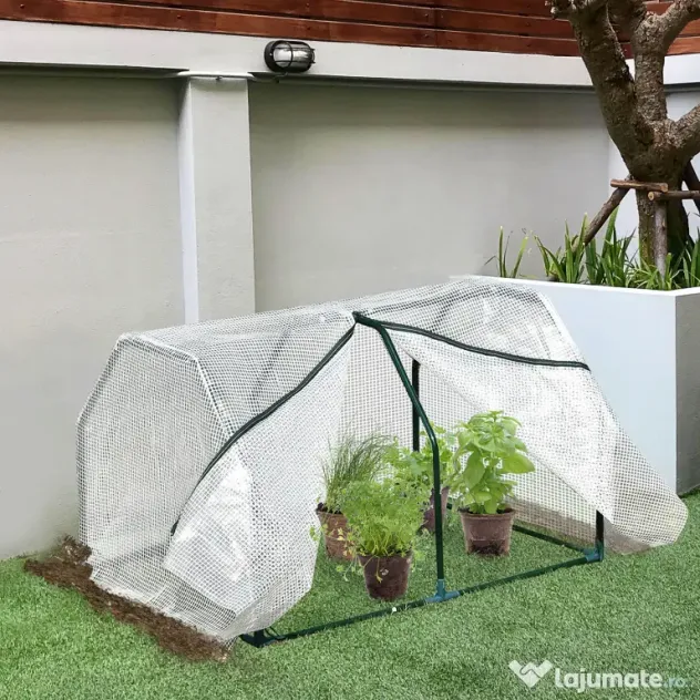 Mini Seră Outsunny pentru grădină și balcon din plastic PE și oțel cu închidere cu fermoar, 99x71x60 cm, de culoare alb transparent | Aosom Romania