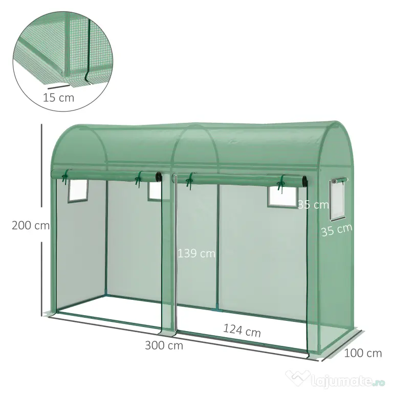 Outsunny Sera Tunel cu 2 Usi si 4 Ferestre Cadru in otel Acoperire in PE, Verde 300x100x200cm | Aosom Romania