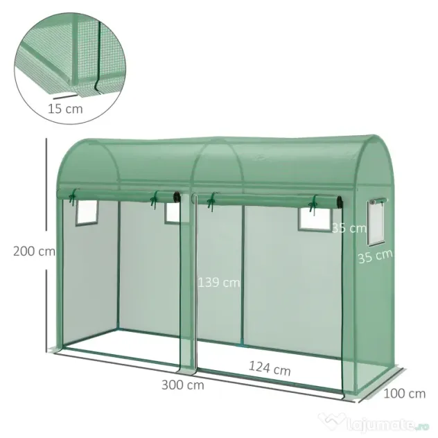 Outsunny Sera Tunel cu 2 Usi si 4 Ferestre Cadru in otel Acoperire in PE, Verde 300x100x200cm | Aosom Romania