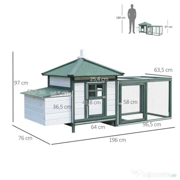 Cotet de gaini PawHut, lemn 196x76x97cm, alb/verde | AOSOM RO