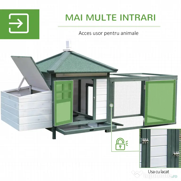 Cotet de gaini PawHut, lemn 196x76x97cm, alb/verde | AOSOM RO