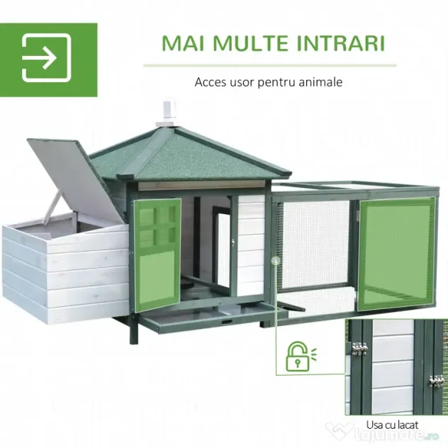 Cotet de gaini PawHut, lemn 196x76x97cm, alb/verde | AOSOM RO