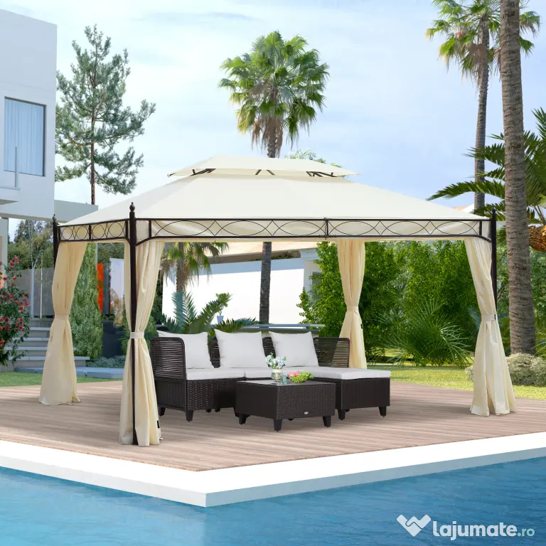 Outsunny Foișor cu Dublu Acoperiș, Design Elegant, Rezistent la Intemperii, Crem, 3x4m | Aosom Romania
