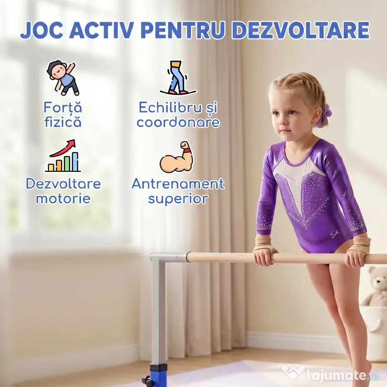 HOMCOM Bară pentru Gimnastică Artistică sau Dans Clasic Reglabilă în Înălțime 92-150 cm, Albastru | Aosom Romania