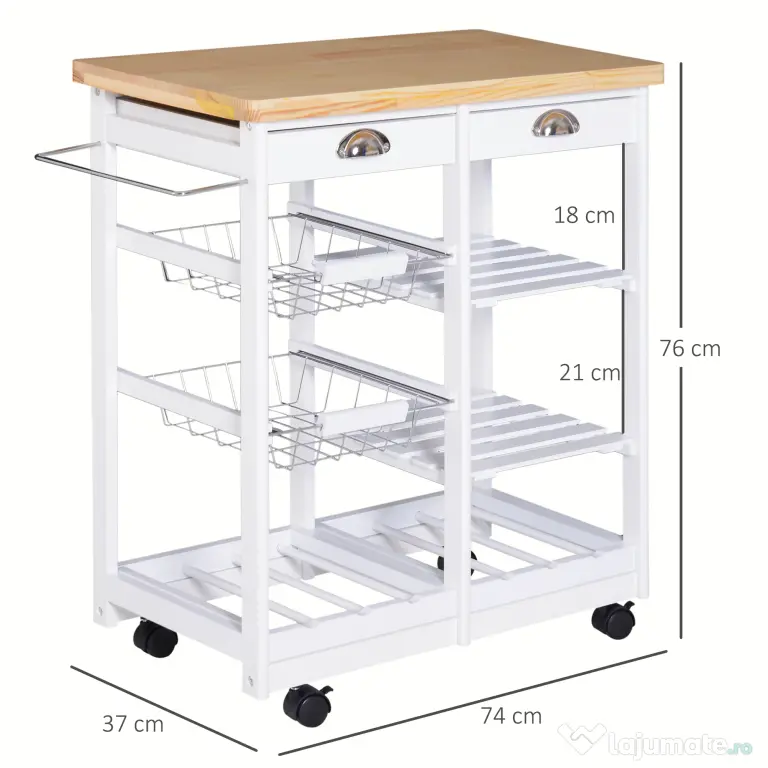 HOMCOM Cărucior pentru Bucătărie cu Sertare și Suport pentru Sticle Design Elegant în Lemn și Alb | Aosom Romania