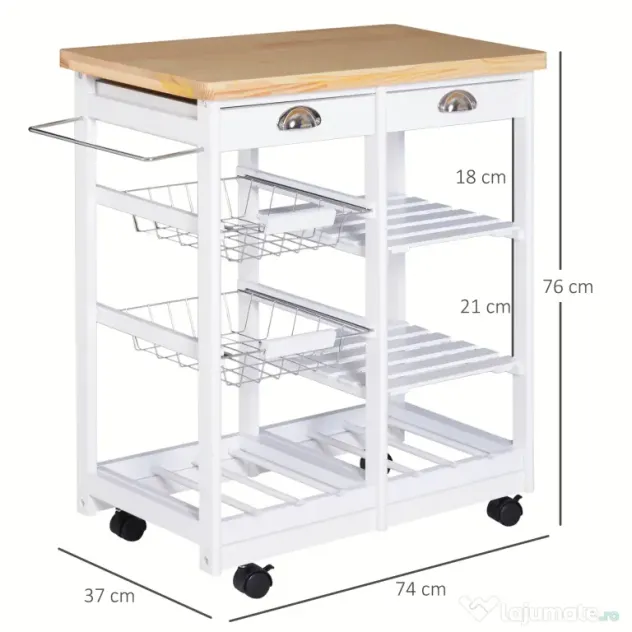 HOMCOM Cărucior pentru Bucătărie cu Sertare și Suport pentru Sticle Design Elegant în Lemn și Alb | Aosom Romania